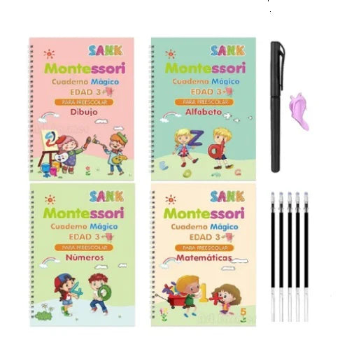 SET DE 4 CUADERNOS MAGICOS MONTESSORI- DIBUJO- NUMEROS- MATEMATICAS - ALFABETO