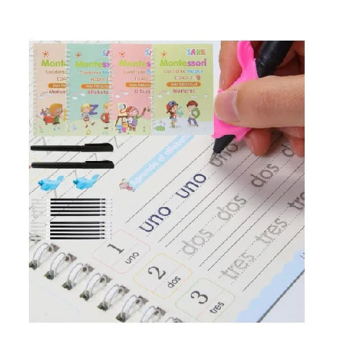 SET DE 4 CUADERNOS MAGICOS MONTESSORI- DIBUJO- NUMEROS- MATEMATICAS - ALFABETO